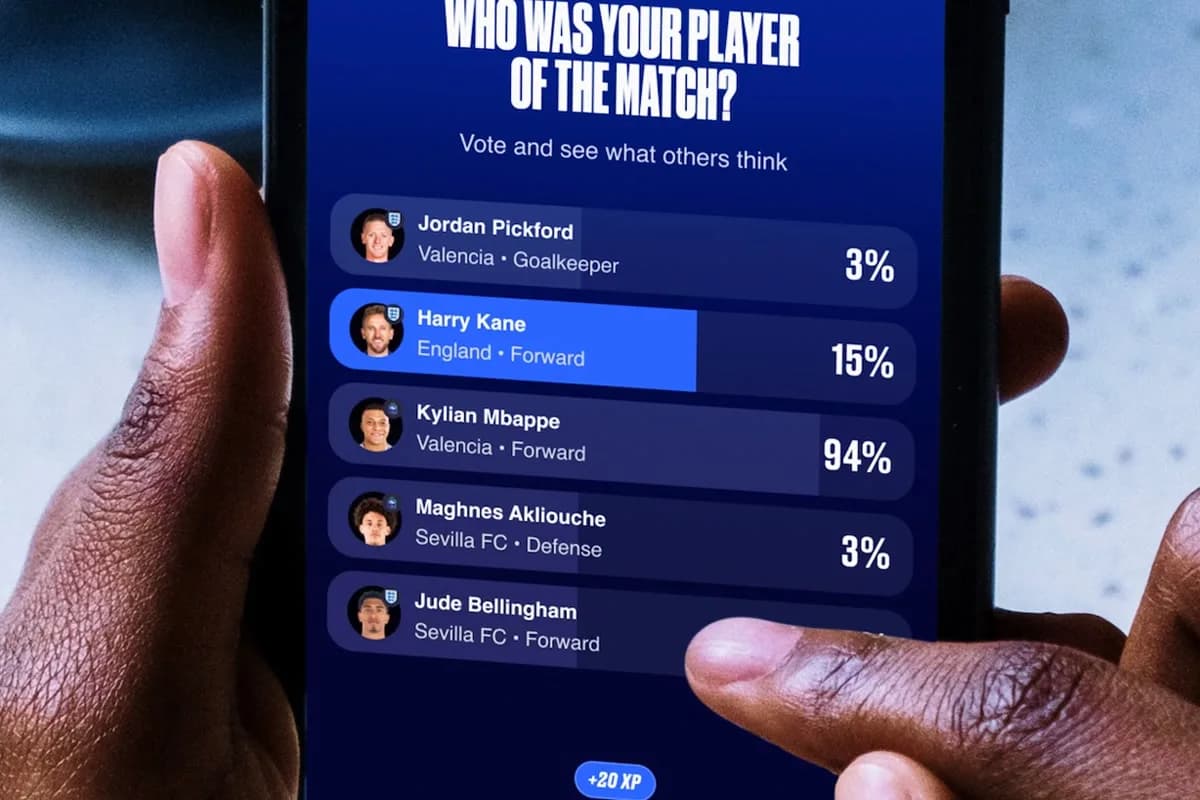 A player-of-the-match poll in the EA SPORTS App showing live community voting percentages