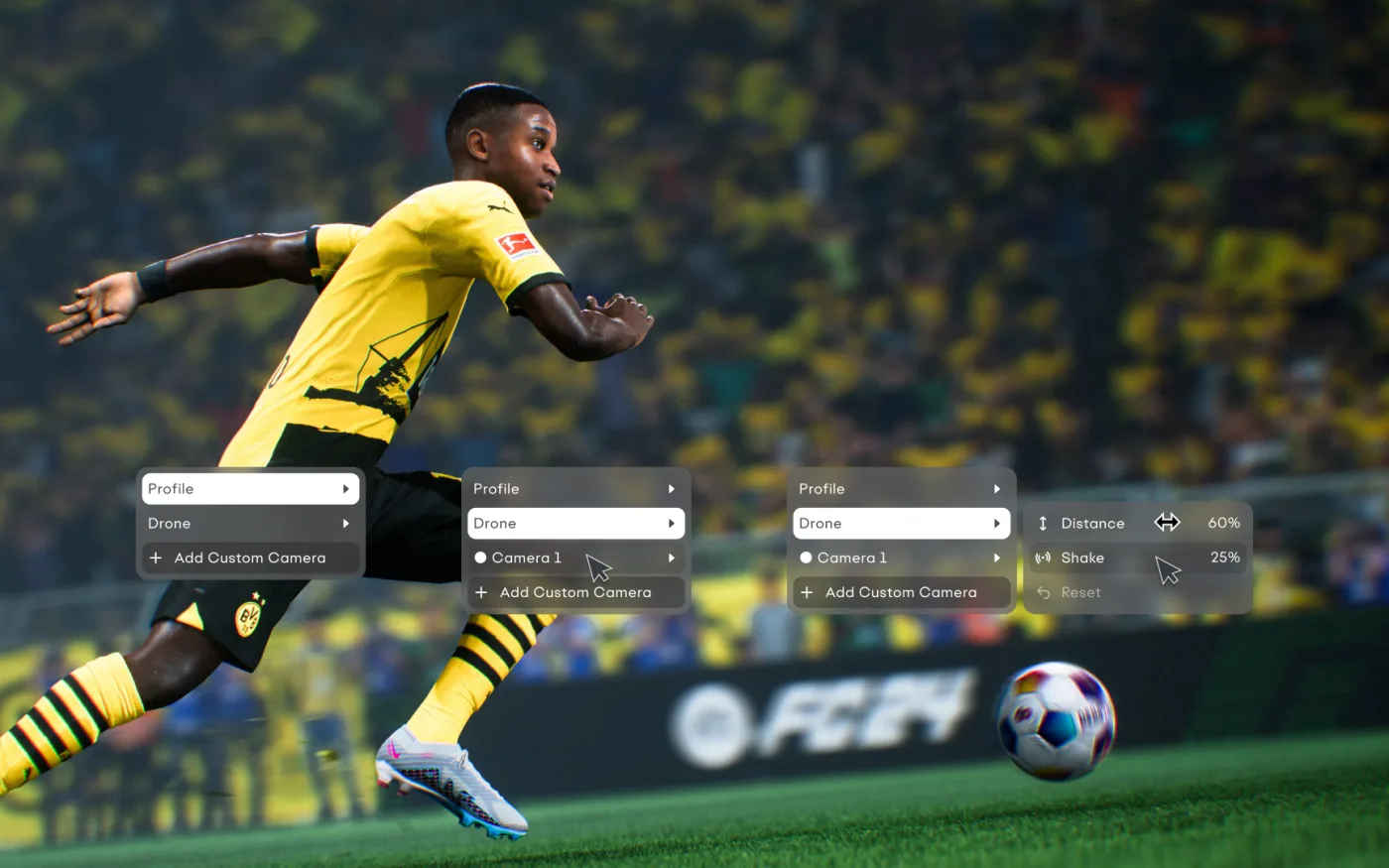 Custom camera menus from the Highlighter concept, showing profile, drone, distance, and shake controls over a sprinting player