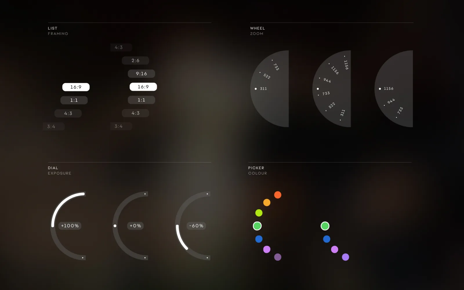 A design-system sheet for the Highlighter concept, showing framing lists, a zoom wheel, an exposure dial, and a color picker
