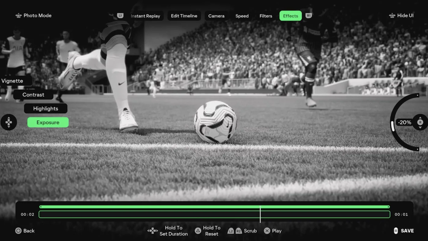 The exposure and effects controls in EA SPORTS HIGHLIGHTER applied to a dramatic black-and-white shot of the ball