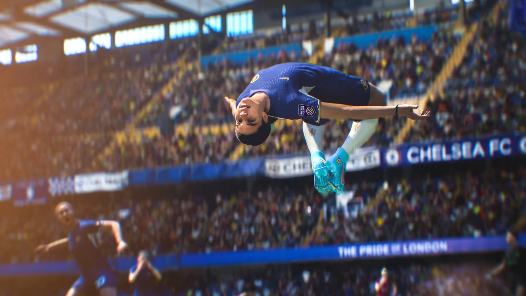 A cinematic render of a Chelsea player mid-backflip celebration, captured from a Highlighter camera angle