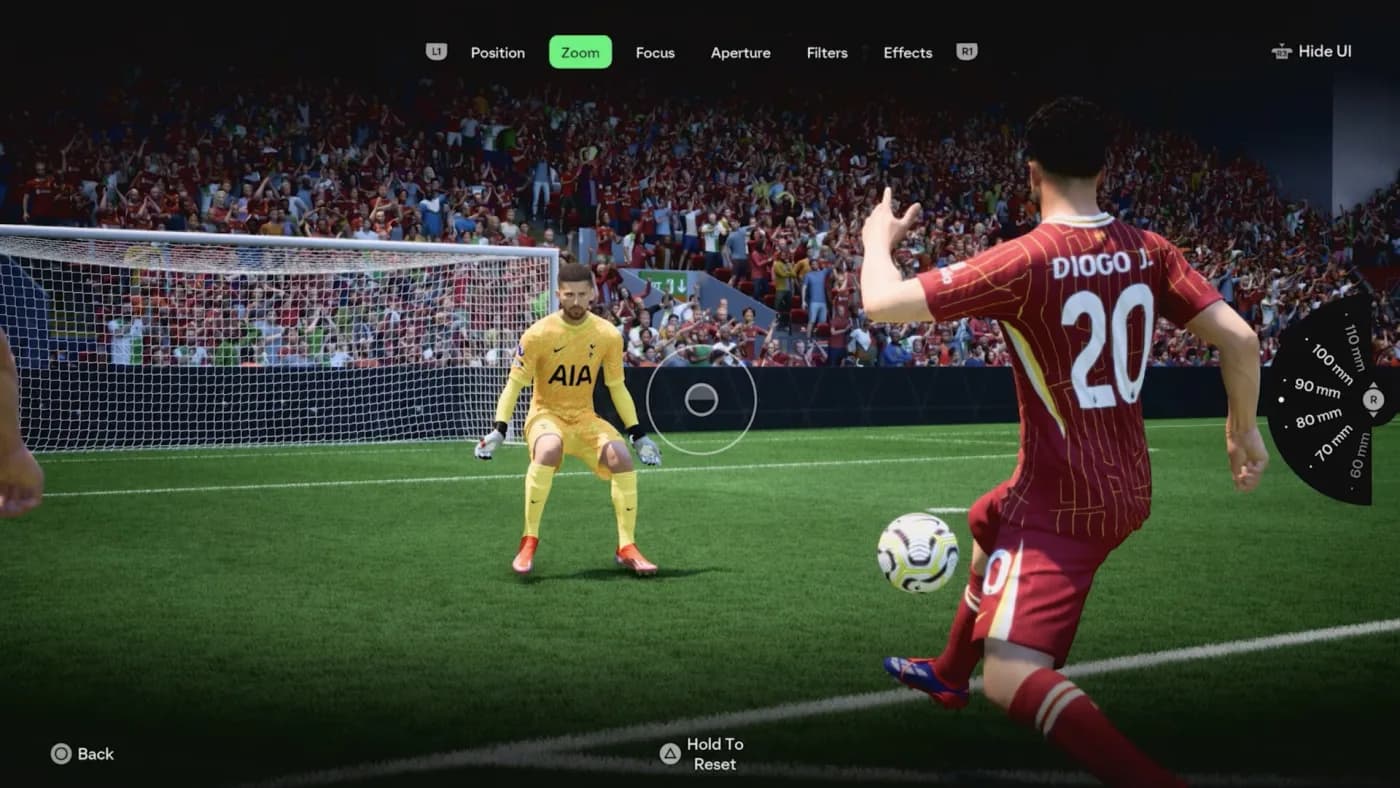 The camera position and lens controls in EA SPORTS HIGHLIGHTER, framing a player on the pitch