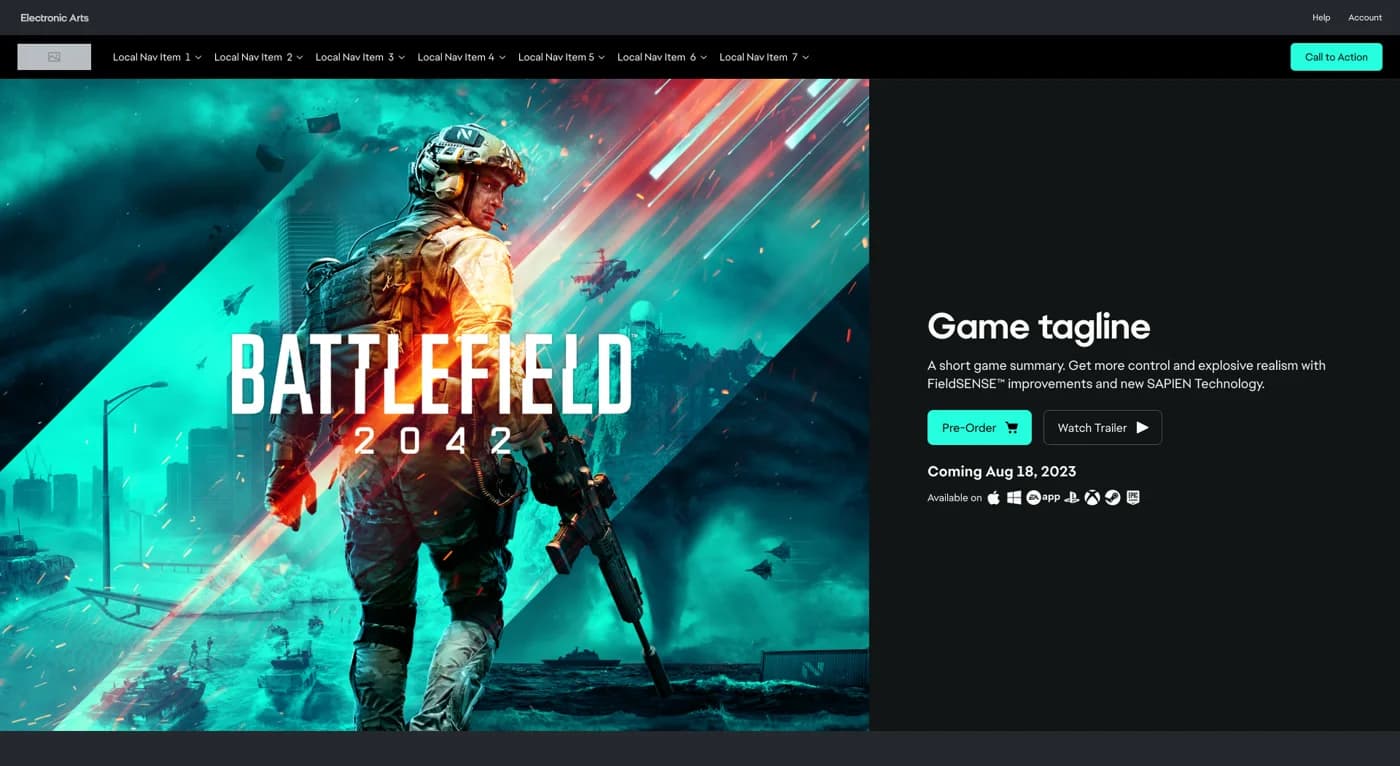 The same Reveal template filled with Battlefield 2042 keyart, tagline, and pre-order buttons