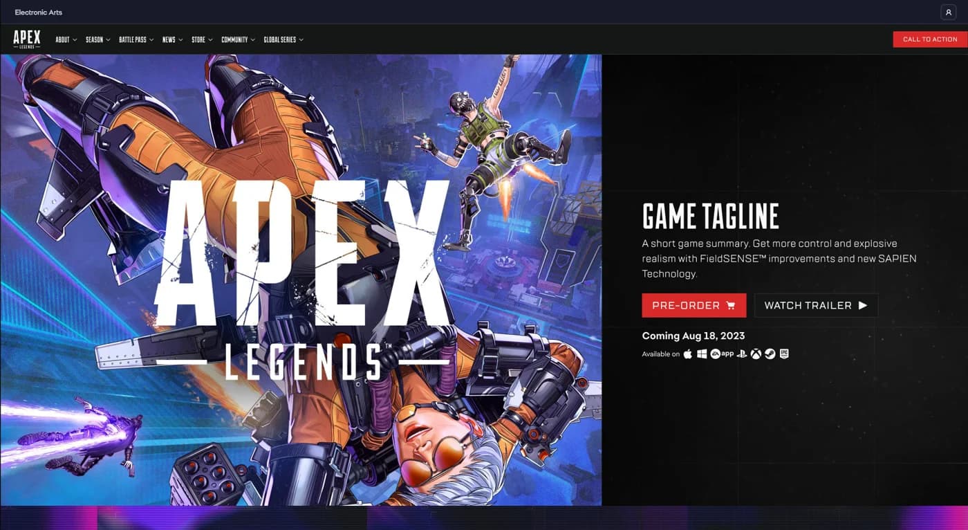 The Reveal template themed for Apex Legends, with franchise navigation, angular typography, and red call-to-action buttons