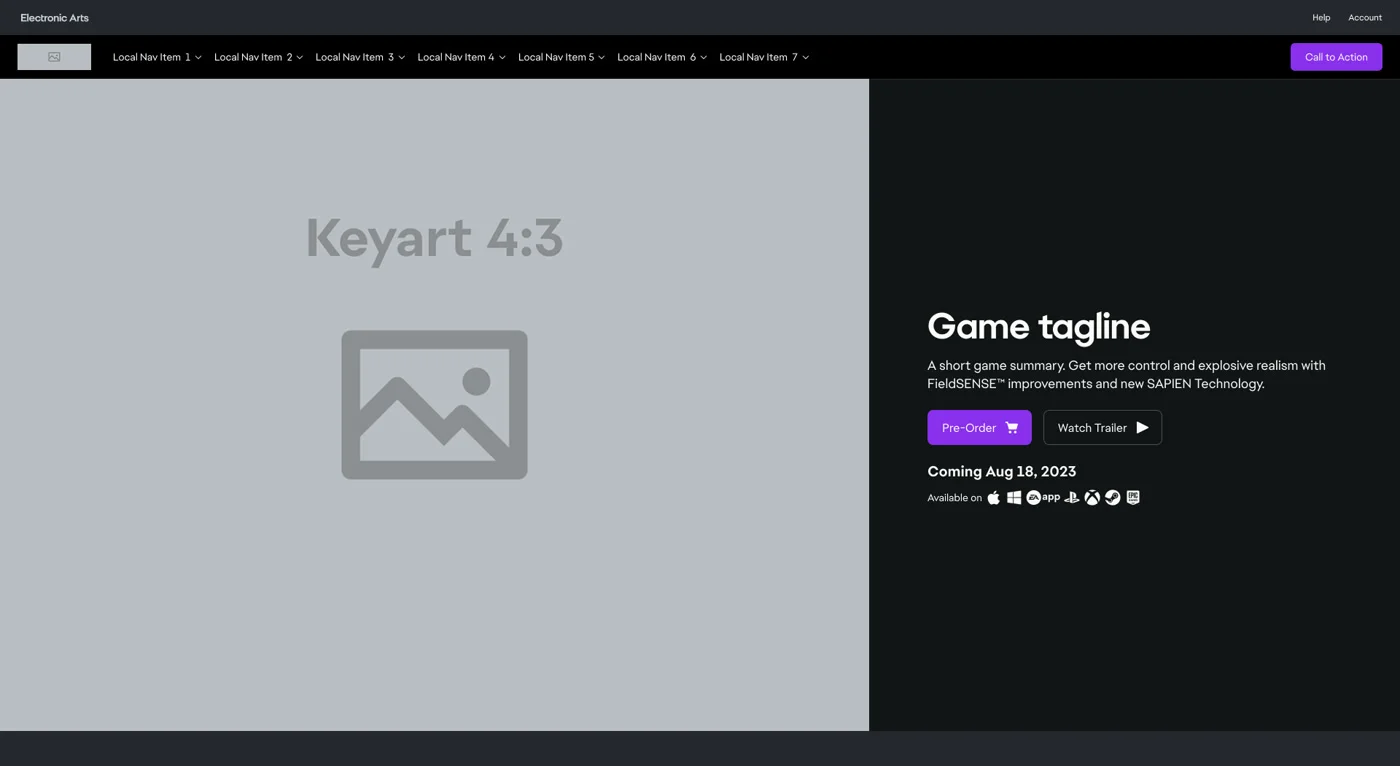 The wireframe version of EA.com's Reveal page template, with placeholder keyart, tagline, and call-to-action modules