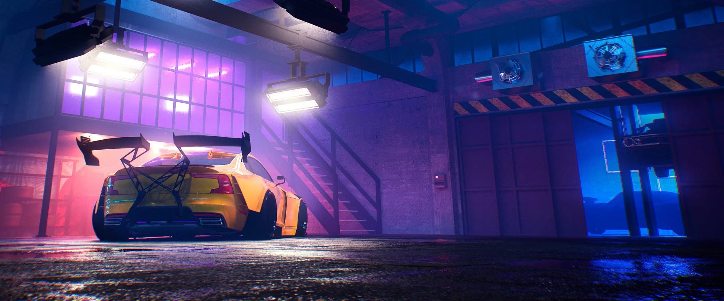 A cinematic render of a customized car in a neon-lit garage