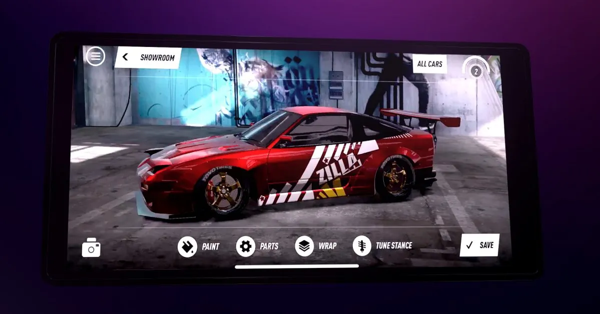 The NFS Heat Studio customization screen, showing a custom-wrapped car with paint, parts, and wrap options