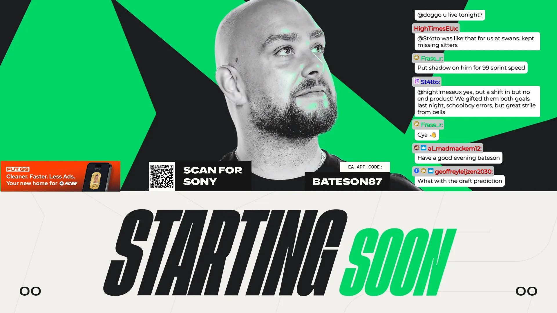 An EA SPORTS FC creator's livestream starting-soon screen, showing his EA App creator code and live chat