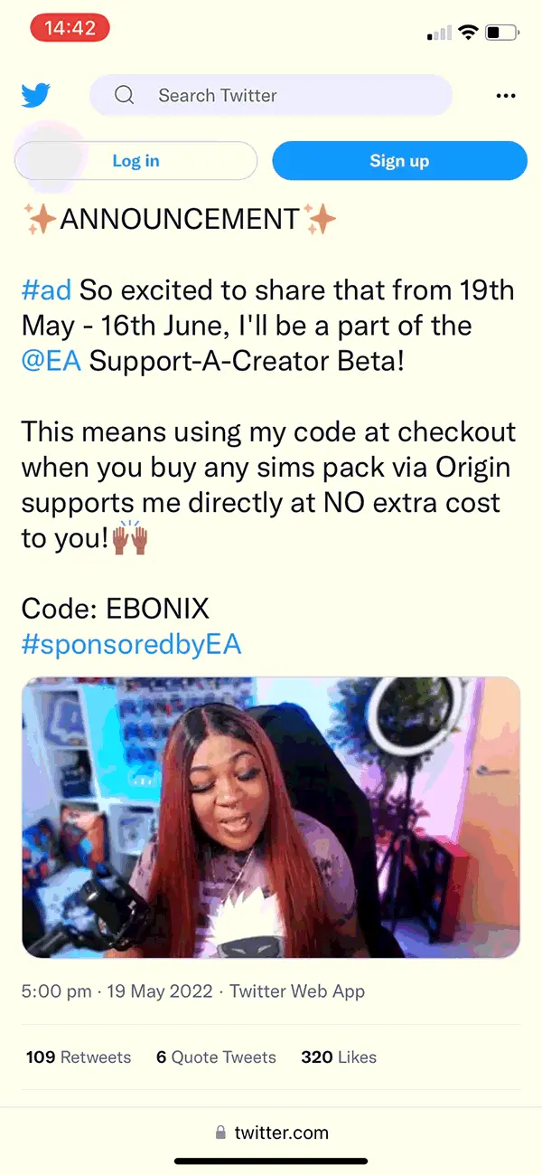 An animated tweet from Sims creator Ebonix announcing she's part of the EA Support-A-Creator beta, sharing her creator code