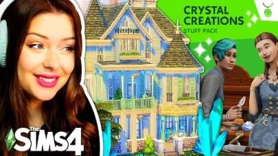 A Sims 4 YouTube video thumbnail from a creator covering the Crystal Creations Stuff Pack